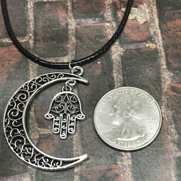 Filigree Crescent Moon Hamsa Hand Necklace Hindu - Picture 5 of 7